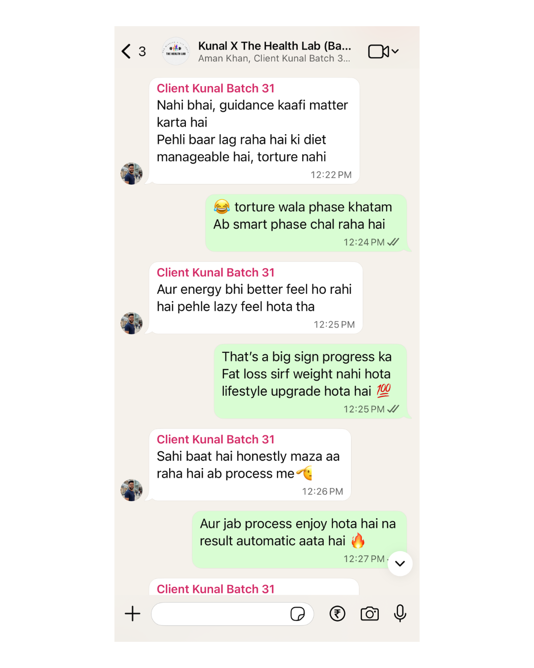 Results & coaching feedback WhatsApp coaching screenshot