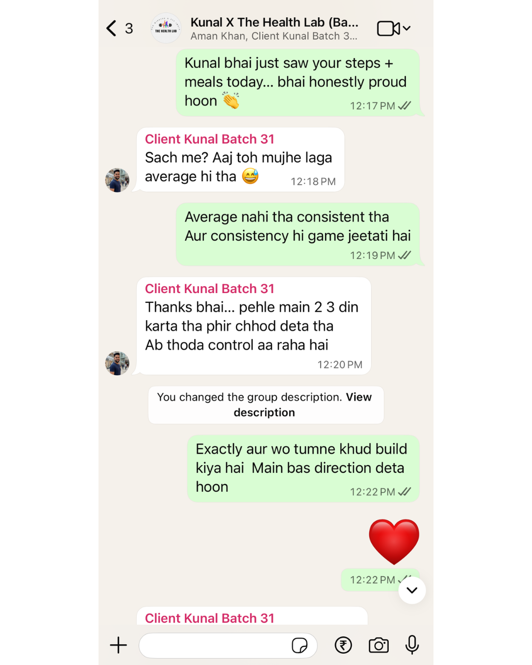 Consistent follow-through WhatsApp coaching screenshot